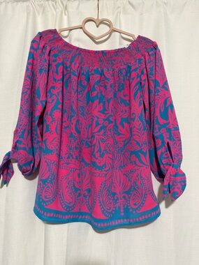 Lily Pulitzer Off-Shoulder Floral Print Top in Fuchsia and Teal